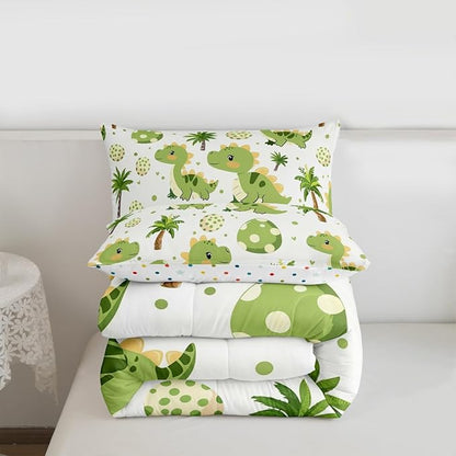 jejeloiu Cute Dinosaur Comforter Set All Season Cartoon Green Dinosaur Bedding Set with 2 Pillow Cases Animal Egg Microfiber Kids King Bedclothes Coconut Tree Bedroom Decor Duvet Quilt Soft