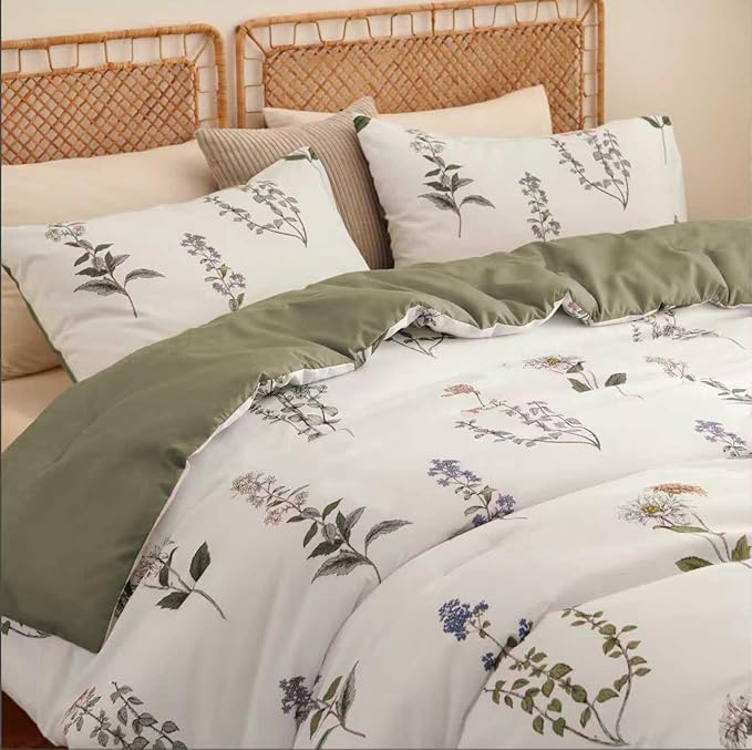 Floral Duvet Cover Queen Size Vintage Floral On White Bedding Set with Pink Purple Flower For Girls Women Men Olive Green Botanical Pattern Garden Style Fall Duvet Cover Set 3 Pieces with 2 Pillowcase