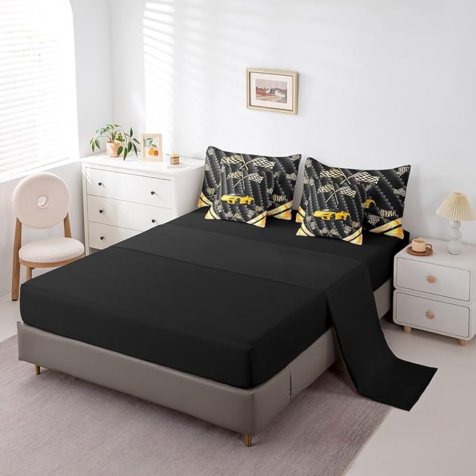 Feelyou Yellow Race Car 7 Piece Bedding Set King Size Extreme Sports Comforter Set with Sheets for Kids Teens Adult Fast and Furious Bed in a Bag Dazzling Flag Bed Set