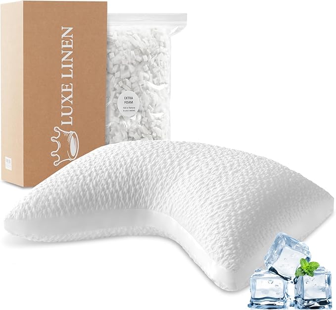 Side Sleeper Pillows for Adults, Adjustable Shredded Memory Foam Bed Pillows for Neck and Shoulder Pain, Standard White Cooling Curved Pillows with Washable Cover & Extra Foam Bag