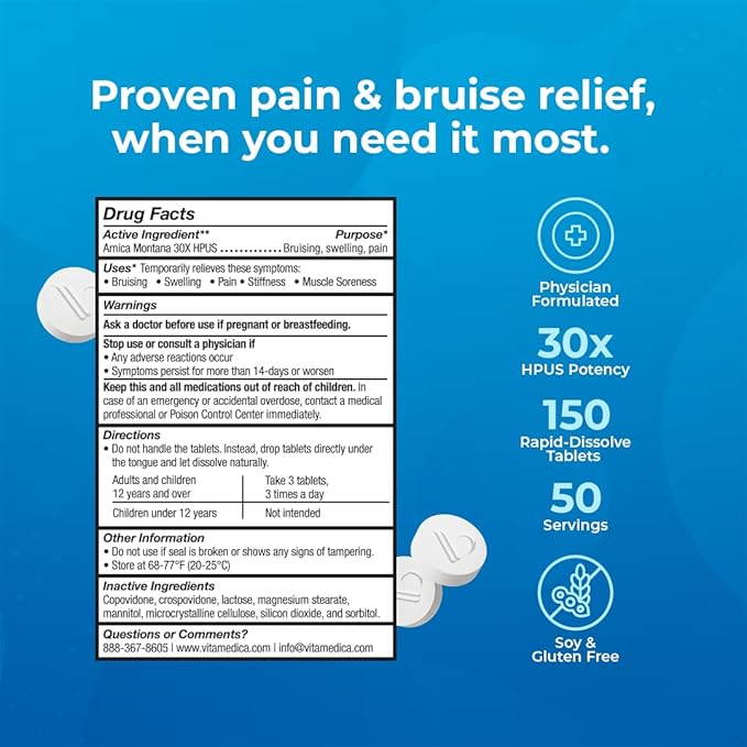 VitaMedica Arnica Montana 30X Homeopathic Tablets for Bruising Pain and Swelling | Plant Based Formula | Recommended by Plastic Surgeons | Natural Recovery Surgery Or Injury | 2 Pack | 100 Servings