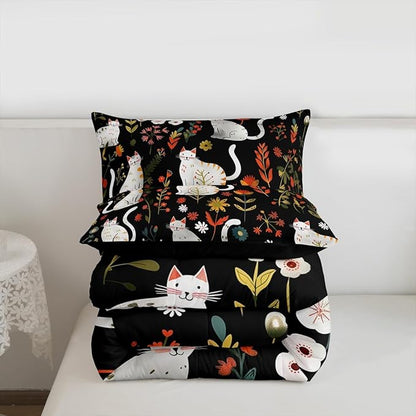 jejeloiu Cute Cat Bedding Set Soft for Boys Girls, Floral Flower Comforter Set Twin Size Nature Plants Duvet Quilt Microfiber Black Colorful Bedroom Decor 2 Pcs with 1 Pillow Cases
