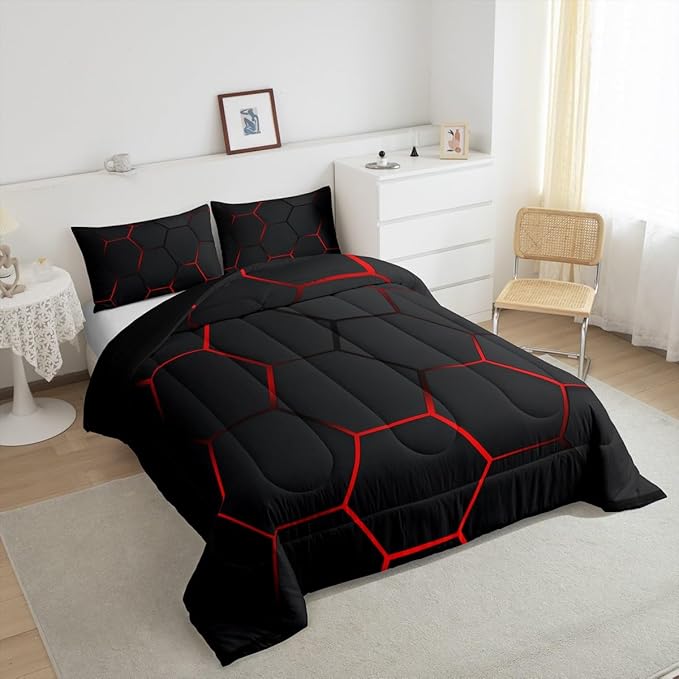 Feelyou Honeycomb Bedding Set Honeycomb Modern Hexagon Theme Comforter Set for Kids Boys Children Geometrical Comforter Ultra Soft Beehive Black Red Decor Duvet Set Queen Size