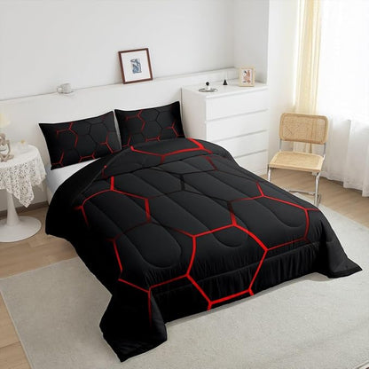 Feelyou Honeycomb Bedding Set Honeycomb Modern Hexagon Theme Comforter Set for Kids Boys Children Geometrical Comforter Ultra Soft Beehive Black Red Decor Duvet Set Queen Size