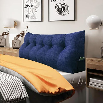 Headboard Pillow Wedge Queen Size Large Bolster for Bed Triangle Reading Back Support Sitting Up in XXL Couch Daybed Rest Backrest Cushion Linen Blue, Queen: 59x20x8 ''