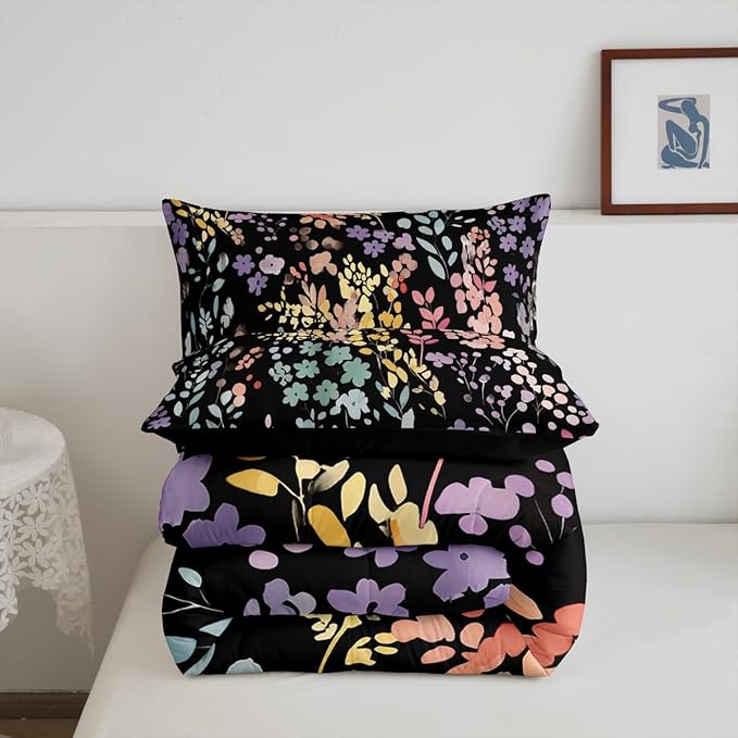 Erosebridal Colorful Floral Queen Bedding Set for Girls Boys Kids,Cute Boho Flower Comforter Set Rustic Home Decor,Funky Watercolor Wildflower Quilt Bed Set Bohemian Flowers Bed Comforter Set 3Pcs