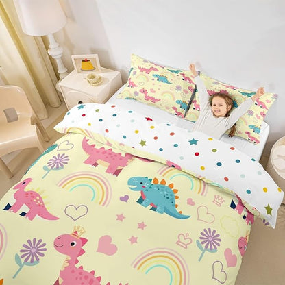 Kawaii Dino Duvet Cover Queen Size,Cute Rainbow Floral Love Heart Polyester Reversible Bedding Set (Not Comforter),Pink Yellow Dinosaur Lovely Animal Comforter Cover for Bedroom, Zipper, Ties