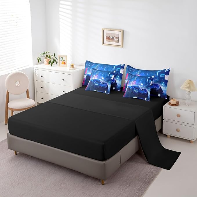 Feelyou City Racing Car 7 Piece Bedding Set Queen Size Blue Sport Car Comforter Set with Sheets for Adult Kids Boys Teens Fast and Furious Bed in a Bag Luxury Car Bed Set