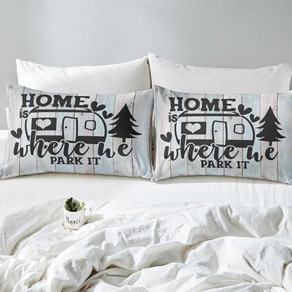 Farmhouse Rustic Camping Comforter Cover,Funny Home Where We Park It Duvet Cover for Girls Teens Decorative Bedroom,Explore Camper Gifts RV Life Polyester Quilt Cover with 2 Pillowcases, Full Size