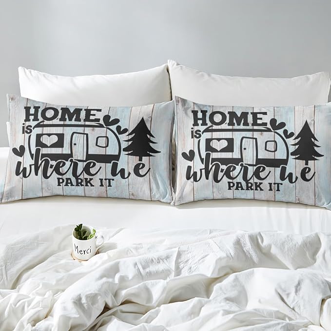 Farmhouse Rustic Camping Bedding Set Twin Size,Funny Home Where We Park It Duvet Cover for Kids Boys Bed Comforter Cover Set,Explore Camper Gifts RV Life Bedding Quilt Cover Set Decorative 2 Pieces