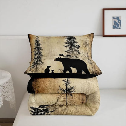Feelyou Bear Bedding Set King Size Kids Rustic Cabin Country Comforter Cover for Boys Girls Teens Wild Animal Brown Beige Duvet Cover Breathable Soft Lightweight Microfiber Quilt Set