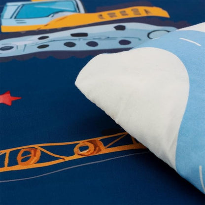 NTBED 4 Pieces Construction Truck Toddler Bedding Set for Baby Boys, Flags Vehicles Excavator Cars Printed, Includes Comforter, Flat Sheet, Fitted Sheet and Pillowcase,Navy