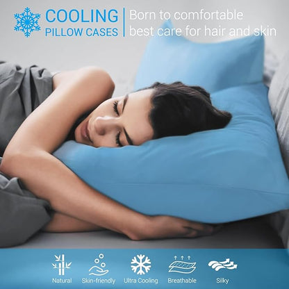 Avolare Cooling Pillow Cases, 2 Pack Arc-Chill Q-max>0.5 Cool King Size Summer Pillow Cover for Hair Skin, Soft Silky 20" x 36" Stain Pillowcase Protector with Zipper - Blue