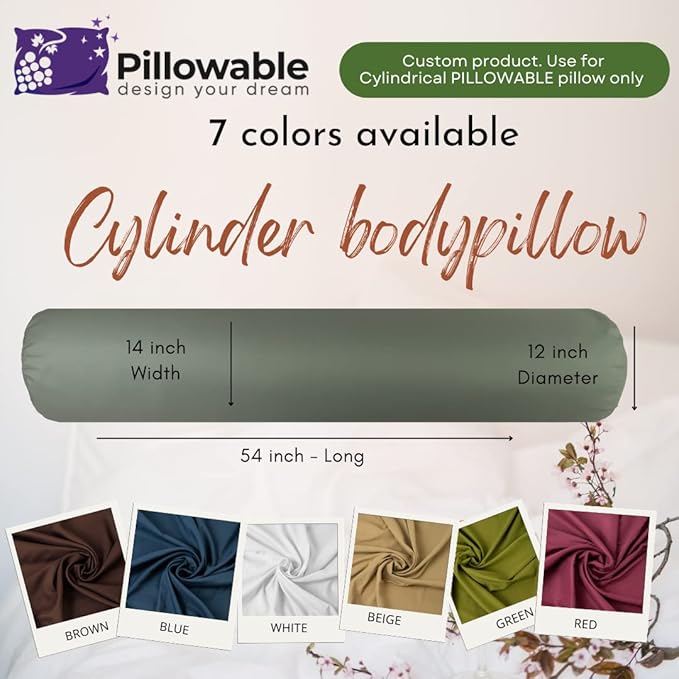 Case ONLY - Grey 54x12 inches Round Body Pillowcase - Cover Only - Zipper Pillowcase - 100% Brushed Microfiber - Bolster Pillow Cover - Fits Only Pillowable Round Body Pillow