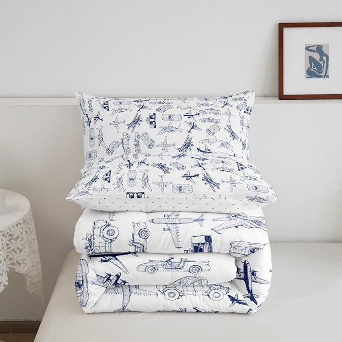 Feelyou Aircraft Bedding Set Kids Airplane Print Comforter Set Boys Girls Decor Aircraft Flying Comforter Cover Set Microfiber Sketch Style Blue White Duvet Set Bedroom Twin Size with 1 Pillow Case