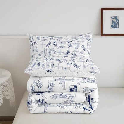 Feelyou Aircraft Bedding Set Kids Airplane Print Comforter Set Boys Girls Decor Aircraft Flying Comforter Cover Set Microfiber Sketch Style Blue White Duvet Set Bedroom Twin Size with 1 Pillow Case