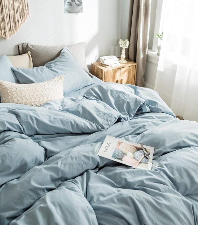 Light Blue Duvet Cover Queen, 100% Washed Cotton Linen Like Textured Solid Casual Modern Style Blue Bedding Set, with Zipper Closure, Luxury Soft Relaxed Feel Natural Wrinkled Comfy (3pcs, Queen)