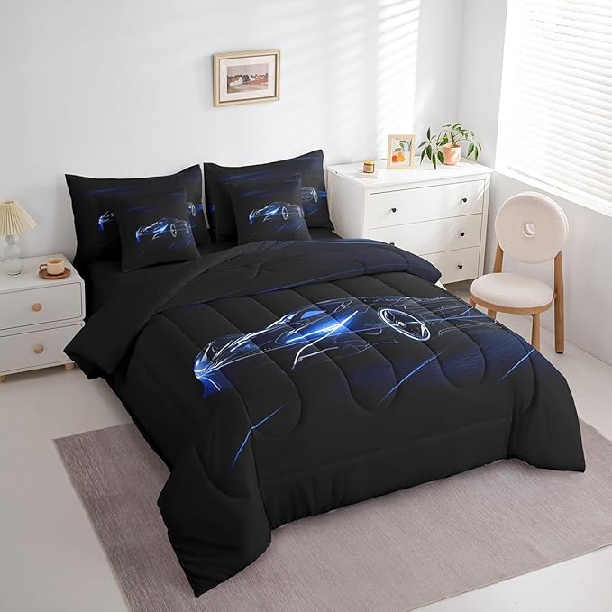 Feelyou Blue Race Car 7 Piece Bedding Set King Size for Kids Boys Extreme Sport Games Comforter Set with Sheets Teens Toddler Fast and Furious Bed in a Bag Cool Modern Bed Set
