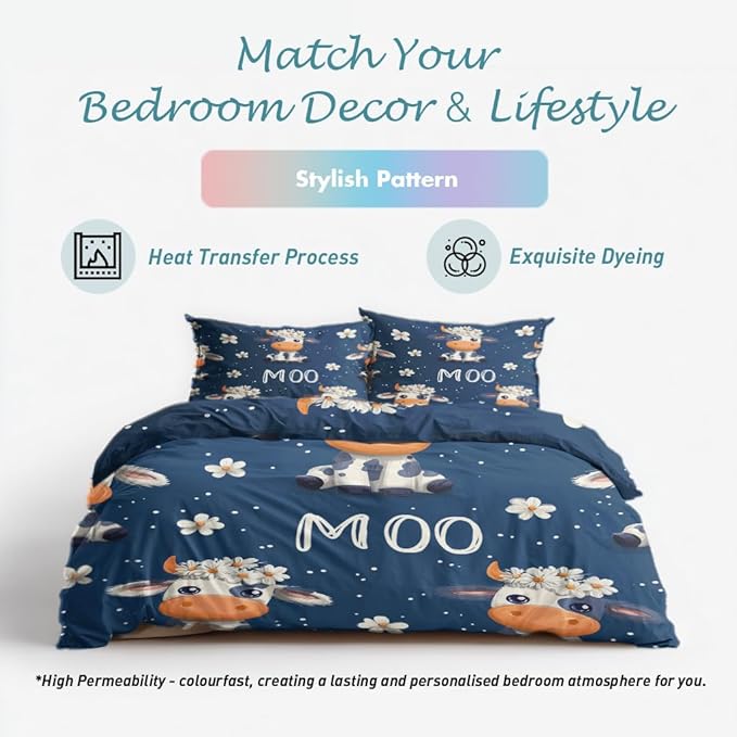 Cow Duvet Cover Twin Size, Kids Boys Girls Bedding Set 3 Pcs (2 Pillow Shams), Super Soft Microfiber Bedroom Decor, Zipper & Ties CSXQ1248