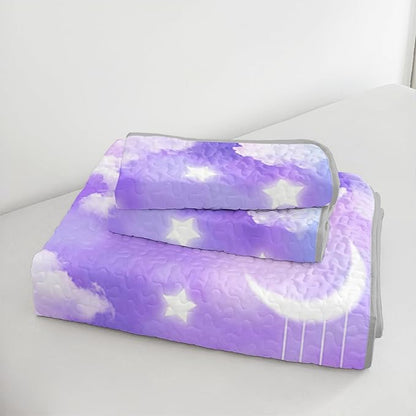 QOOMO Clouds Quilt Set Twin Size,Galaxy Bedspread Coverlet Set,Moon and Star 3Pcs Bedding Set Printed Quilt with 2 Pillowcases,Soft and Lightweight,for All Seasons