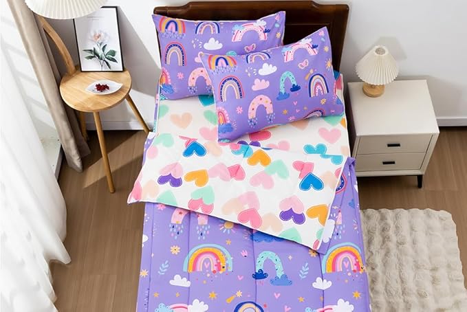 Holawakaka Kids Zipper Bedding Rainbow Comforter Set, Boys Girls Twin Size Bohemian Love Heart Stars Flowers Print Zippered Bed Sets, Child Boho Dorm Zip Bedding