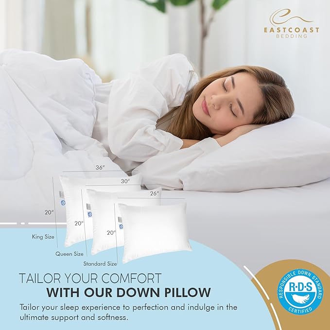 Luxury Duck Down Pillow - White Duck Down Pillow with 600 Fill Power, 400 Thread Count, 100% Cotton Cover - Soft Pillows for Sleeping and Support - Standard, 20"x26" (1 Pack)
