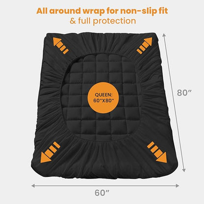 MATBEBY Queen Size Mattress Pad - Cooling Breathable Mattress Topper, Quilted Fitted Mattress Protector, Pillow Top Mattress Cover with 8-21" Deep Pocket, Soft, Machine Washable, Black, 60x80 Inches