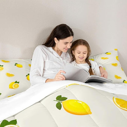Lemon Comforter Set for Boys Girls Kids Teens,3-Pieces Yellow Fruit Print Bedding Comforter Full Size,Summer Cool Printed Quilt Set with 2 Pillowcases