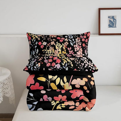 Erosebridal Cute Red Floral Comforter Set Twin for Kids Girls Women,Colorful Wild Flower Bedding Set Boho Bedroom Decor,Watercolor Flowers Quilt Bed Set Rustic Wildflower Bed Comforter Set 2Pcs
