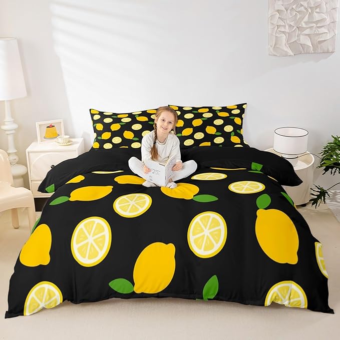 Lemon Duvet Cover Sets Full,Tropical Fruit Leaves Bedding Set 3pcs for Kids Teens Boys Girls Room Decor,Botanical Natural Comforter Cover Bright Yellow and Black Quilt Cover with 2 Pillowcases