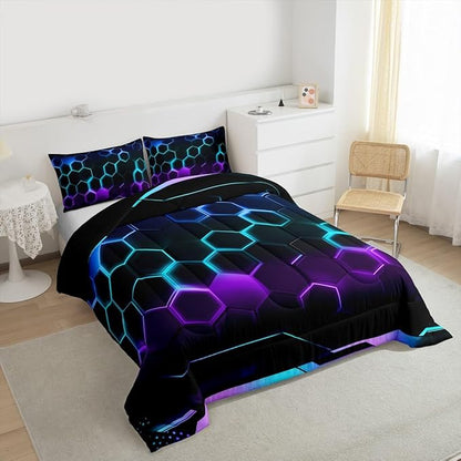 Fashion 3D Honeycomb Bedding Comforter Set Twin Size Neon Colorful Light Geometric Hexagon Comforter Set for Boys Teens Kids Bedroom Decor Video Racing Games Quilted Duvet Black Duvet Insert 2pcs