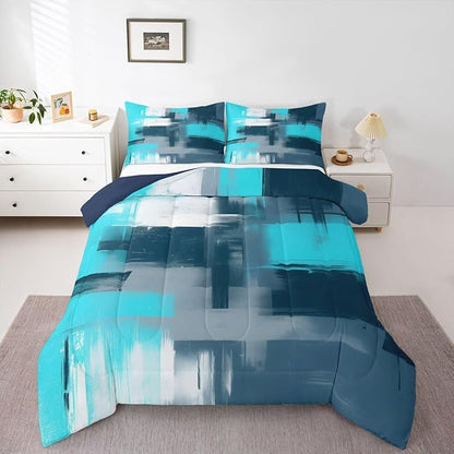 Feelyou Abstract Comforter Modern Abstract Art Comforter Set for Boys Girls Children Teal Blue Pattern Bedding Set Room Decor Full Size Duvet Set 3Pcs