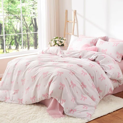 Bow Bedding Duvet Cover Queen 3Pcs Pink Heart Bedding Set for Girls Kids,Cute Princess Style Bowknot Love Heart Design,Ultra Soft Comforter Cover with 2 Pillowcases(No Comforter)