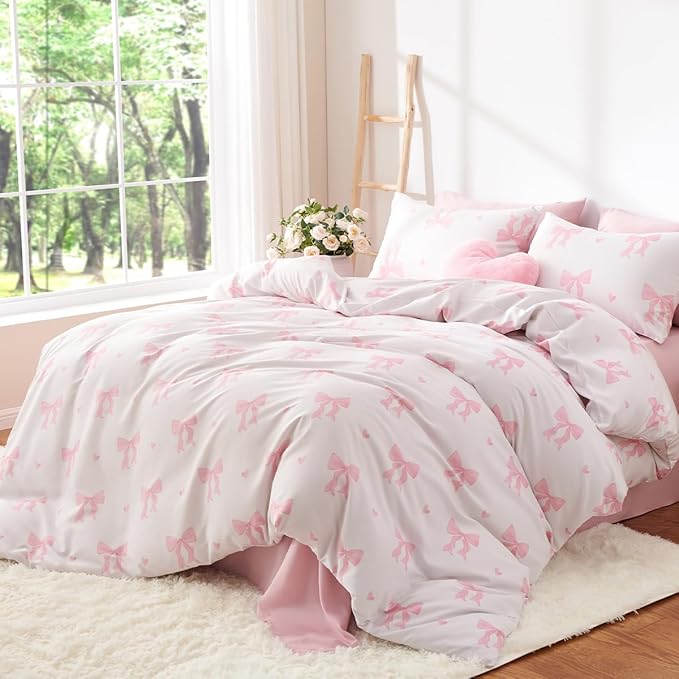 Bow Bedding Duvet Cover Twin 2Pcs Pink Heart Bedding Set for Girls Kids,Cute Princess Style Bowknot Love Heart Design,Ultra Soft Comforter Cover with 1 Pillowcase(No Comforter)