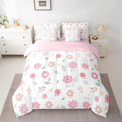 Feelyou Cute Flower 7 Piece Bedding Set Fresh Flower Floral Comforter Set with Sheets for Kids Boys Girls Nature Plants Bed in a Bag Pink Green Bed Set Soft Lightweight