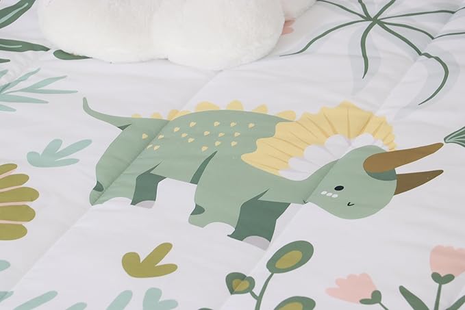 Castle Fairy Cute Dino Kids Full Size Comforter Set,Kawaii Pink Green Dinosaur Bedding Comforters Bedroom Collection,Cartoon Wildlife Floral Leaves Plant Bedding Set for Girls Teens