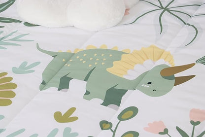 Castle Fairy Cute Dino Kids Comforter Set Twin Size,Kawaii Pink Green Dinosaur Bedding Set for Kids Boys Men,Cartoon Wildlife Floral Leaves Plant Quilted Duvet Set with 1 Pillowcase