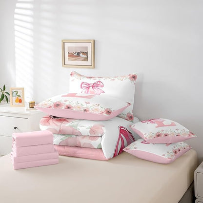 Pink Monogram L Bedding Sets, Cute Bow Tie Bowknot Bed in A Bag Queen Size for Girls Kids Teens Bedroom Decor Floral Rose Fresh Style Comforter Set with Sheets, 2 Pillowcases, 2 Throw Pillow Covers