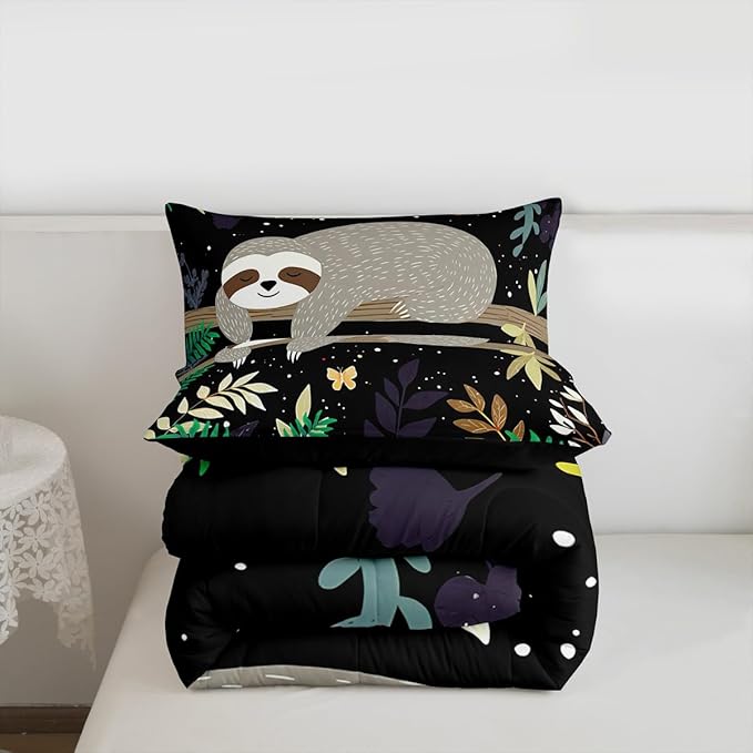 Feelyou Sloth Comforter Cute Sloth Bedding Set for Kids Boys Girls Galaxy Butterfly Comforter Set Botanical Leaves Inner Fill Duvet Set 1 Comforter Set with 2 Pillowcases Full Size