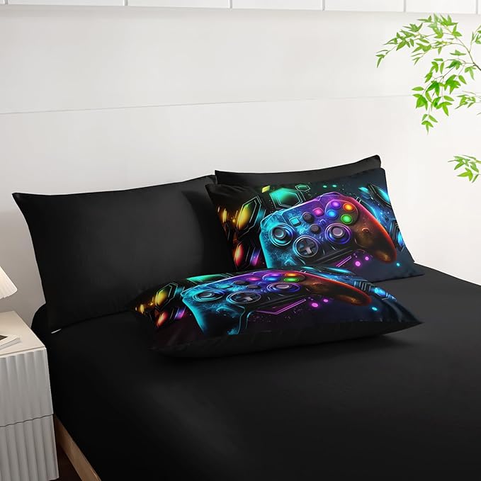 Gamer Comforter Set 7 Piece Full Size Bed in A Bag,Game Bedding for Room Decor,Soft Gaming Comforter Video Game Bedding with Fitted Sheet,Flat Sheet, Pillowcases & Shams