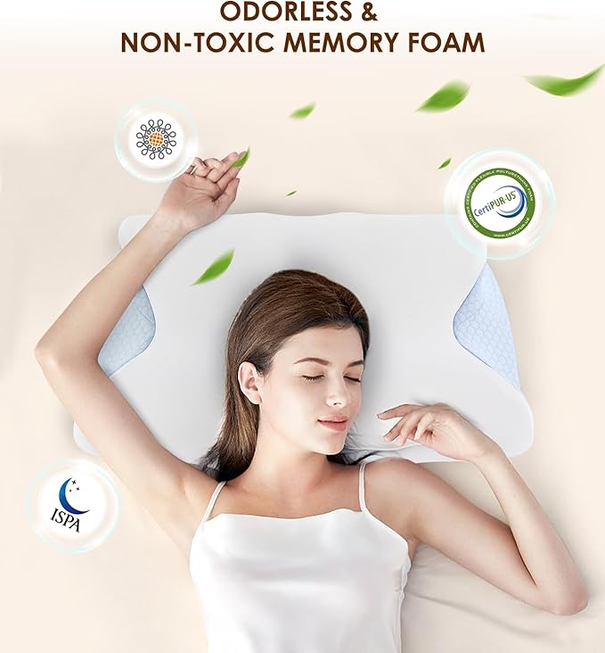 Cervical Memory Foam Pillow for Neck and Shoulder, Ergonomic Contour Cervical Pillow for Sleeping with 2 Heights, Cooling Neck Support Pillows for Side Back Stomach Sleeper Blue