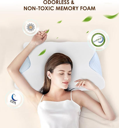 Cervical Memory Foam Pillow for Neck and Shoulder, Ergonomic Contour Cervical Pillow for Sleeping with 2 Heights, Cooling Neck Support Pillows for Side Back Stomach Sleeper Blue