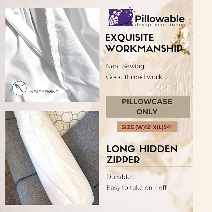 Case ONLY - White 54x12 inches Round Body Pillowcase - Cover Only - Zipper Pillowcase - 100% Brushed Microfiber - Bolster Pillow Cover - Fits Only Pillowable Round Body Pillow