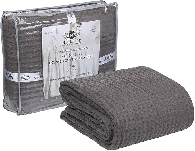HILLFAIR 100% Combed Cotton Blanket– Twin XL Size Bed Blankets– Warm Soft All Season Breathable Lightweight Summer Blankets– Waffle Weave Home Decor Bed Blanket- Grey Bed Cotton Blankets/Bedcovers