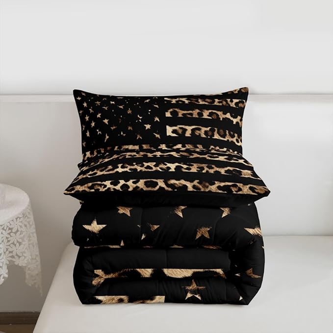 Feelyou American Flag Leopard Kids Comforter Set Full Size Hunting Bedding Set Brown Cheetah Print Duvet Quilt for Kids Boys Girls Bedroom Animal Fur Decor Microfiber Ultra Soft Breathable