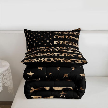 Feelyou American Flag Leopard Kids Comforter Set Full Size Hunting Bedding Set Brown Cheetah Print Duvet Quilt for Kids Boys Girls Bedroom Animal Fur Decor Microfiber Ultra Soft Breathable