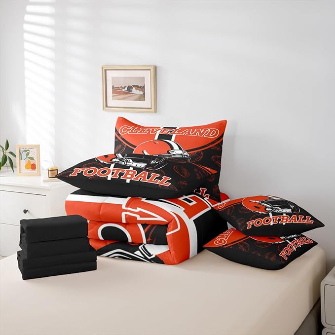 Feelyou Football Comforter Set with Sheets 7 Piece Queen Size Ball Games Bedding Set for Kids Boys Girls Rugby Bed in a Bag City of Footballs Room Decor Rugby Sports Soft Lightweight