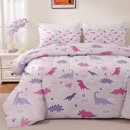Dinosaur Comforter Set for Kids, Girls & Teens - Queen Size, Cute Pink & Purple Dino Bedding with 1 Comforter & 2 Pillowcases, Kawaii Animals Dinosaur Bedroom Decor