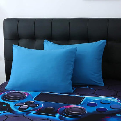 Wajade Game Console Comforter Set for Boys 7 Piece Blue 3D Gaming Geometric Bedding Sets for Kids Twin Size as Birthday with Comforter, Sheet Set, Pillowcase and Sham