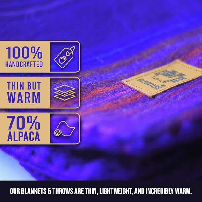 Alpaca Wool Blanket - Twin Size Bed Throw & Warm, Lightweight, Couch or Camp - Outdoor - 75 x 38 Inches (Blue & Purple)